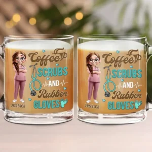Coffee Scrubs And Rubber Gloves - Personalized Glass Mug - Red M0305212027