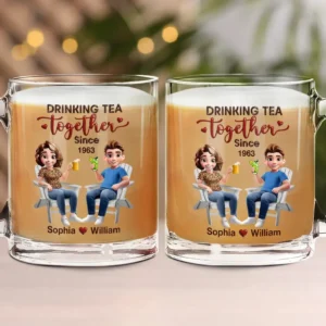 Couple Drinking Coffee Together - Personalized Glass Mug - Red M0305212030