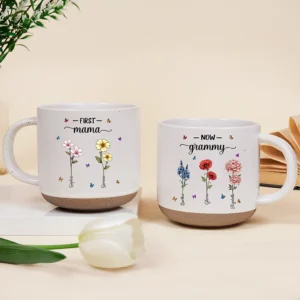 First Mom Now Grandma Birth Flowers - Personalized Pottery Mug - white M0405212026