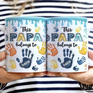 This Dad Grandpa Belongs To Handprints Icon - 3D Inflated Effect Printed, Personalized White Edge-to-Edge Mug