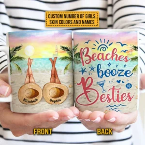 Personalized Beach Bestie Beaches Booze Besties Custom White Edge-to-Edge Mug