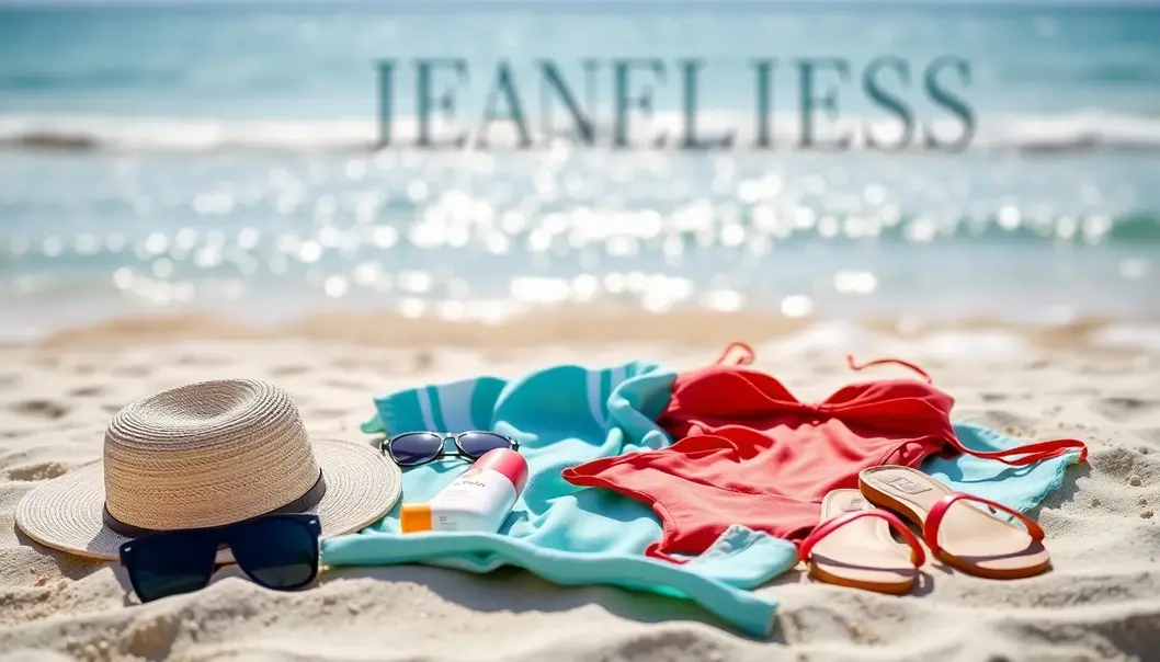 Beach vacation essentials on sand with ocean wave background.