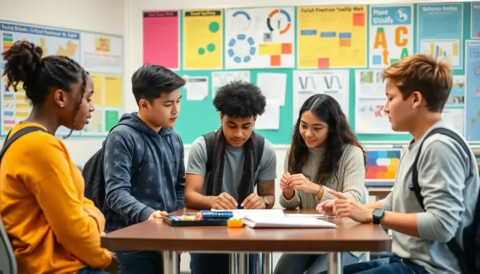 A group of students working together in a classroom with educational materials.